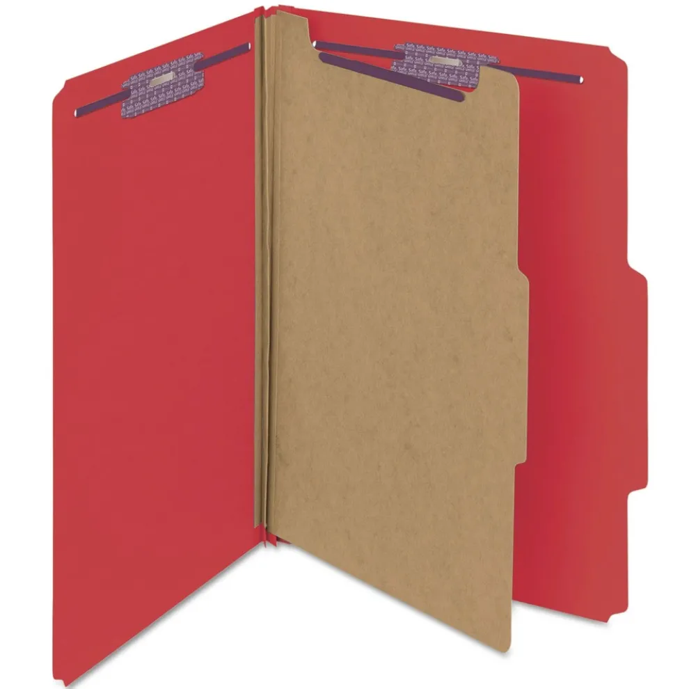 Smead 1 Divider Four SafeSHIELD Fasteners Legal Size Four-Section Pressboard Top Tab Classification Folders - Bright Red (10/Box)
