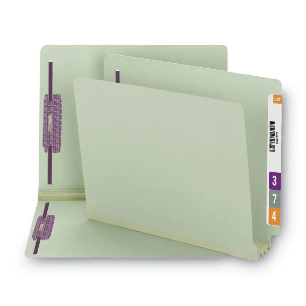 Smead 3 in. Expansion End Tab Pressboard Classification Folders with 2 SafeSHIELD Coated Fasteners - Letter Size/Gray-Green (25/Box)