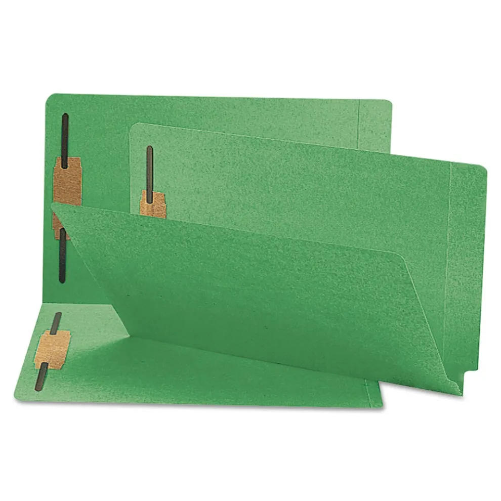 Smead 0.75 in. Expansion Heavyweight Colored End Tab Fastener Folders - Green Exterior/Legal Size (50/Box)
