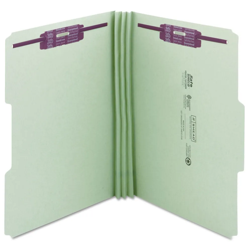 Smead 3 in. Expansion Recycled Pressboard 1/3-Cut Tab Fastener Folders with Two SafeSHIELD Fasteners - Legal Size/Gray-Green (25/Box)