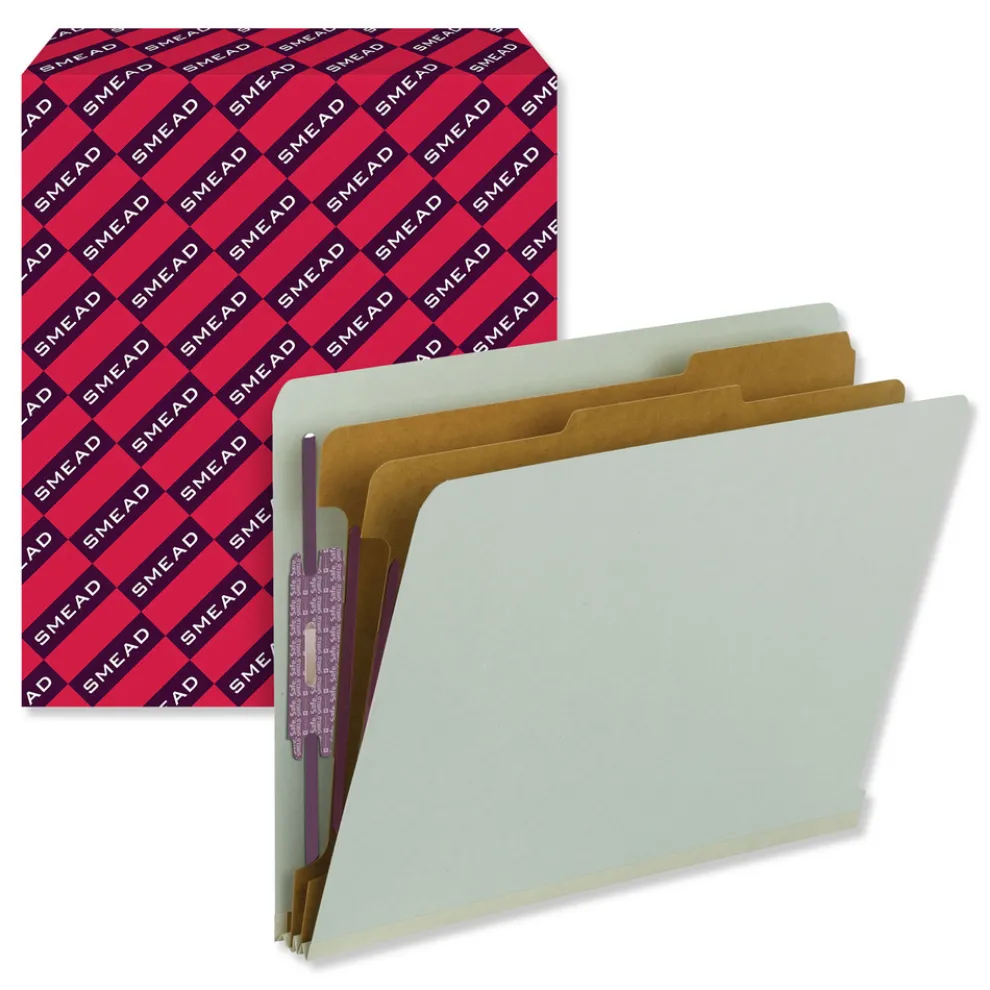 Smead 2 in. Expansion End Tab Pressboard Classification Folders with 6 SafeSHIELD Fasteners - Letter Size/Gray-Green (10/Box)