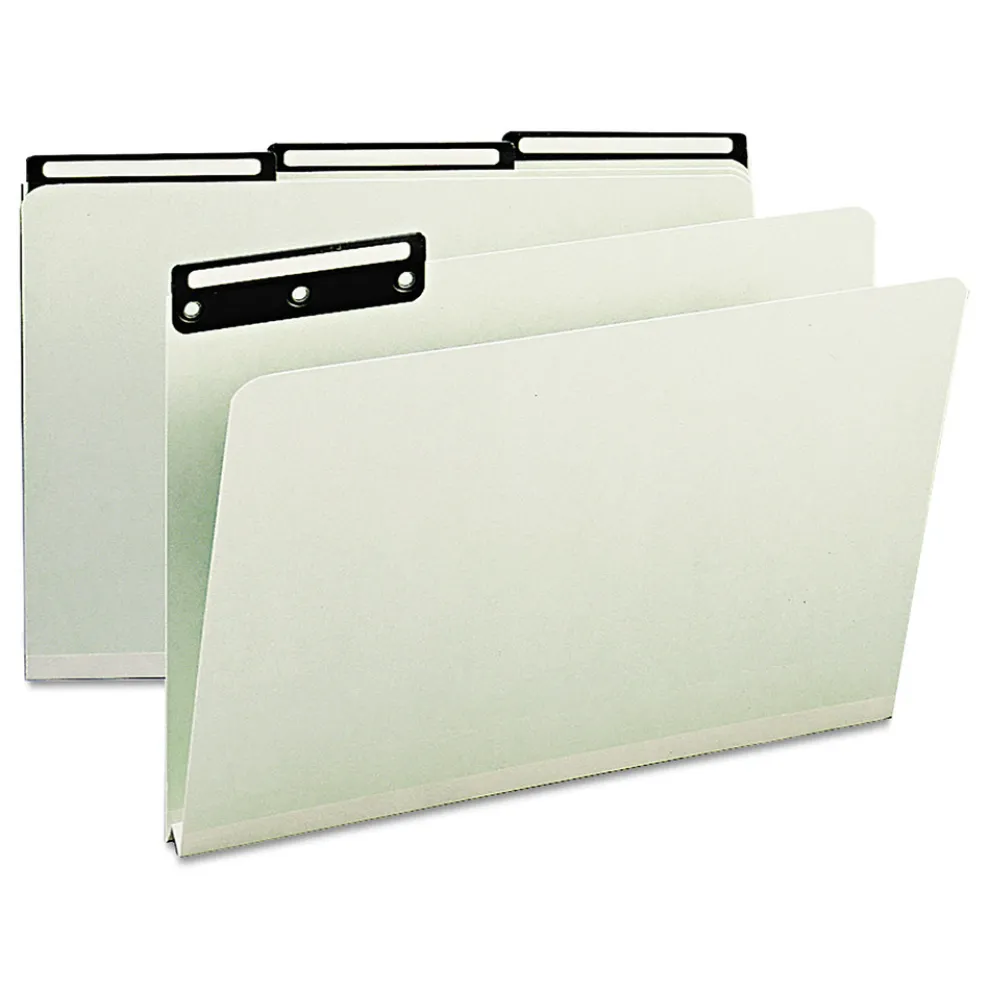 Smead 1 in. Expansion Legal Size Recycled Heavy Pressboard File Folders with Insertable 1/3-Cut Metal Tabs - Gray-Green (25/Box)