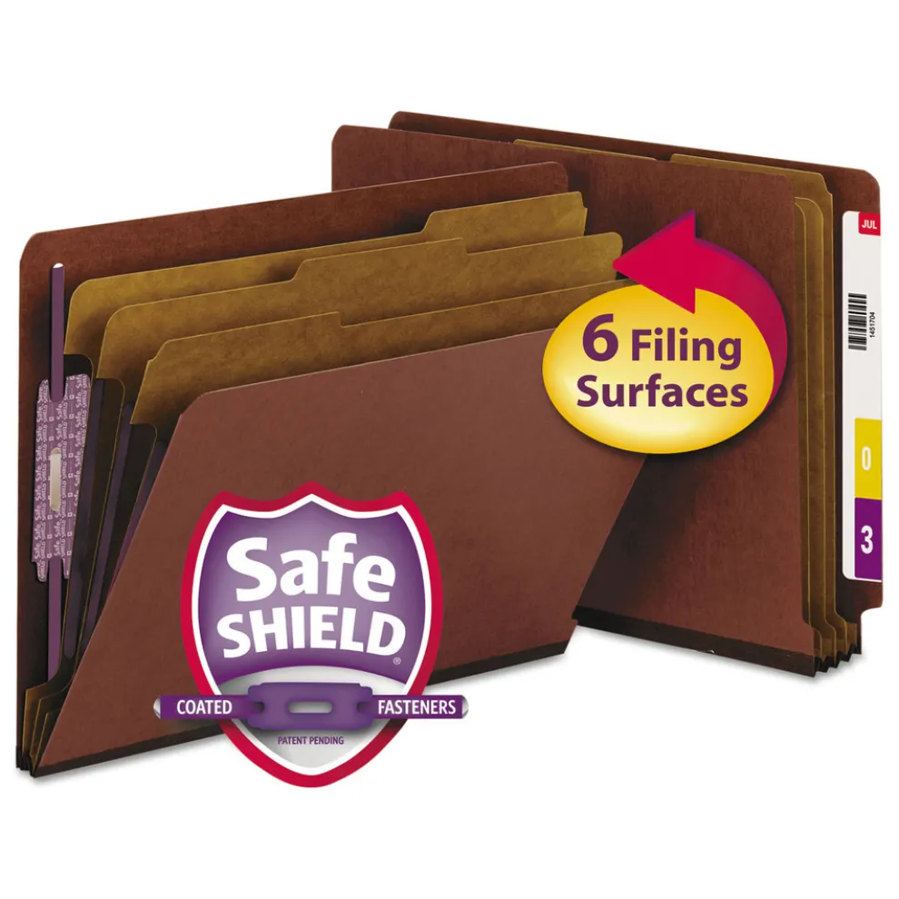 Smead 8 SafeSHIELD Fasteners 3 in. Expansion 3 Dividers Letter Size End Tab Pressboard Classification Folders - Red (10/Box)