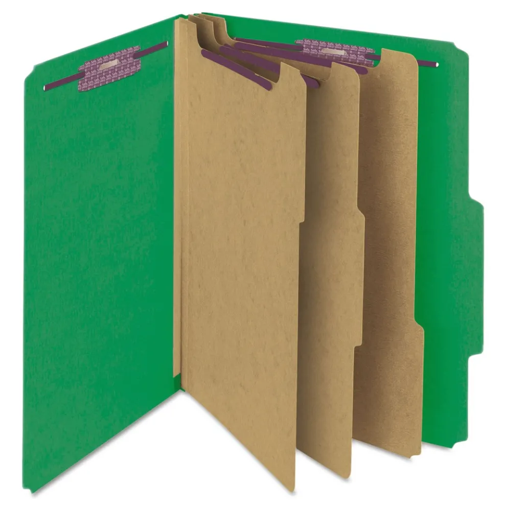 Smead 8 SafeSHIELD Fasteners 3 Dividers Letter Size 8-Section Pressboard Top Tab Classification Folders - Green (10/Box)