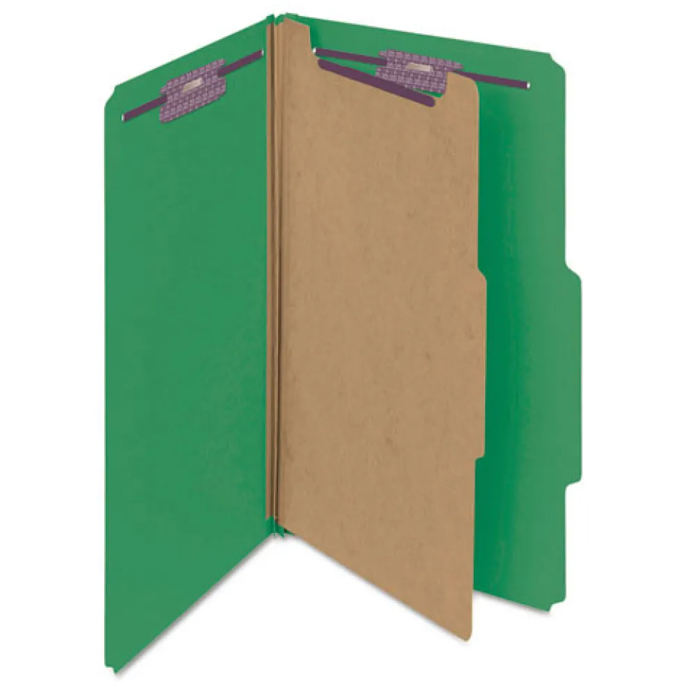 Smead Four SafeSHIELD Fasteners 1 Divider Legal Size Four-Section Pressboard Top Tab Classification Folders - Green (10/Box)
