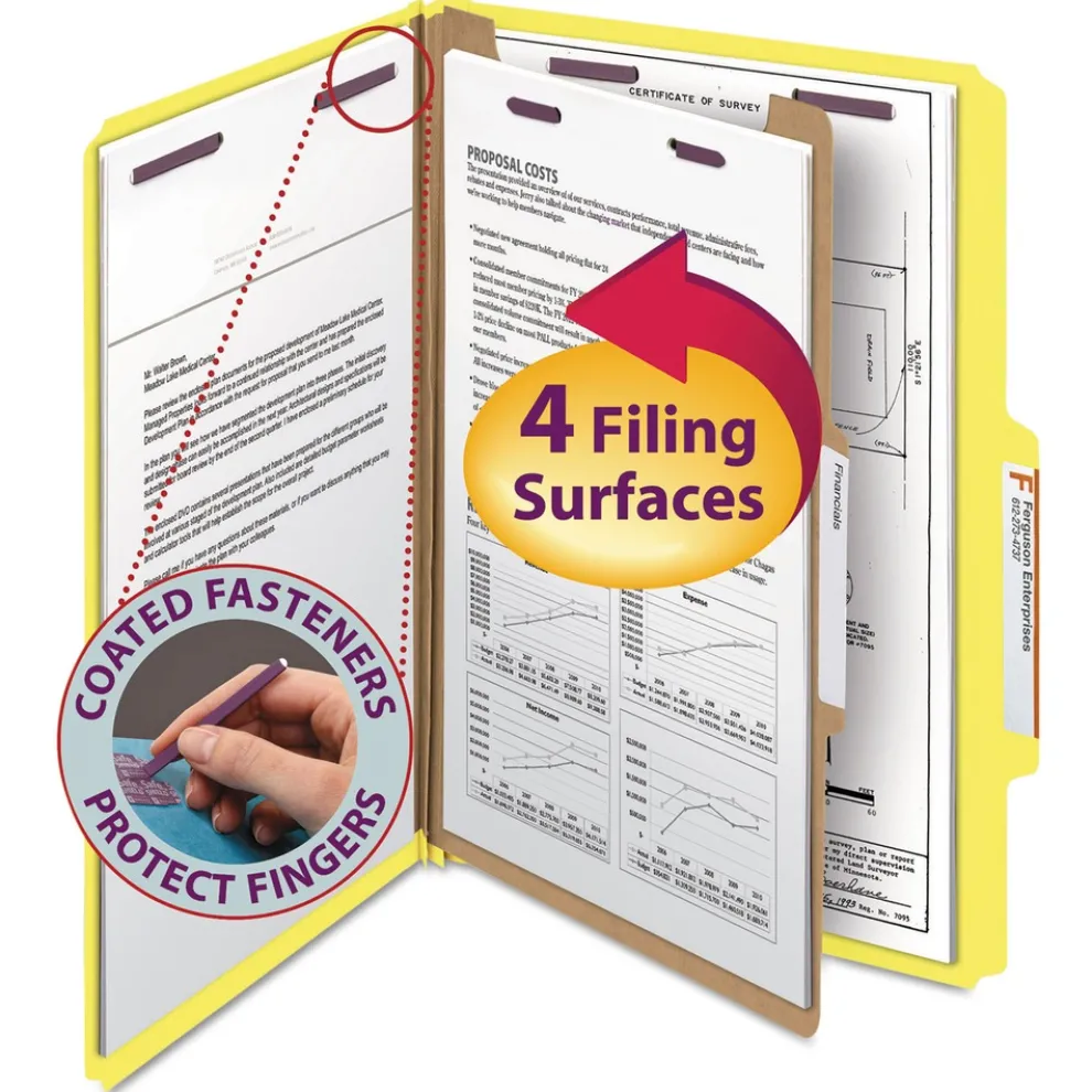 Smead Four-Section Pressboard Top Tab Classification Folders - Yellow/Legal Size (10/Box)