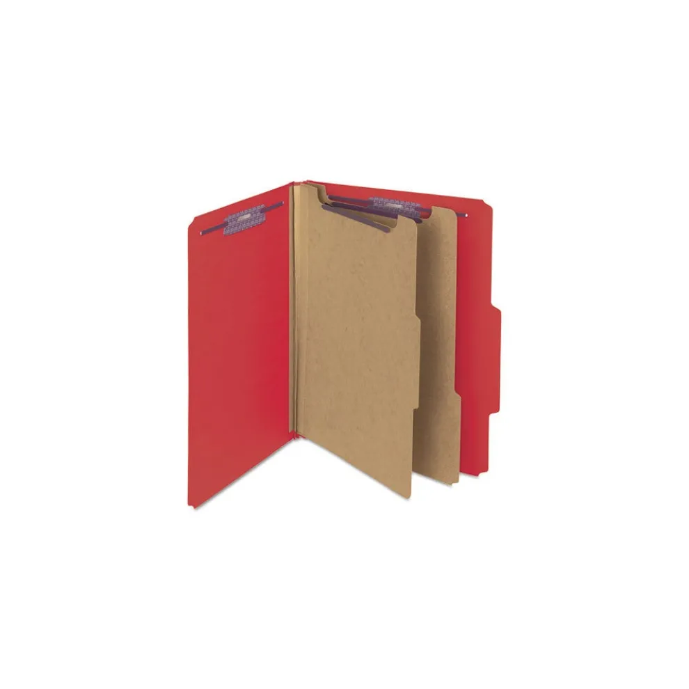 Smead 6-Section Pressboard Top Tab Classification Folders with 6 SafeSHIELD Fasteners - Letter Size/Bright Red (10/Box)