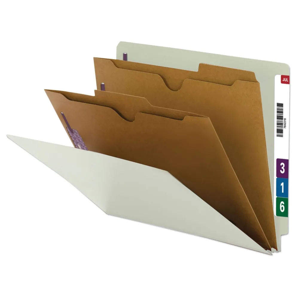 Smead X-Heavy End Tab Pressboard Classification Folders with 6 SafeSHIELD Fasteners - Letter Size/Gray-Green (10/Box)