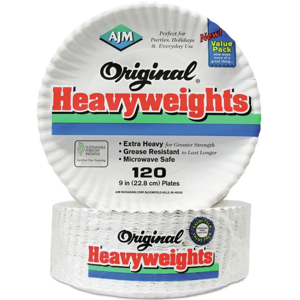 AJM Packaging Corporation 9 in. Diameter Original Heavyweights Paper Plates - White (120/Pack, 8 Packs/Carton)