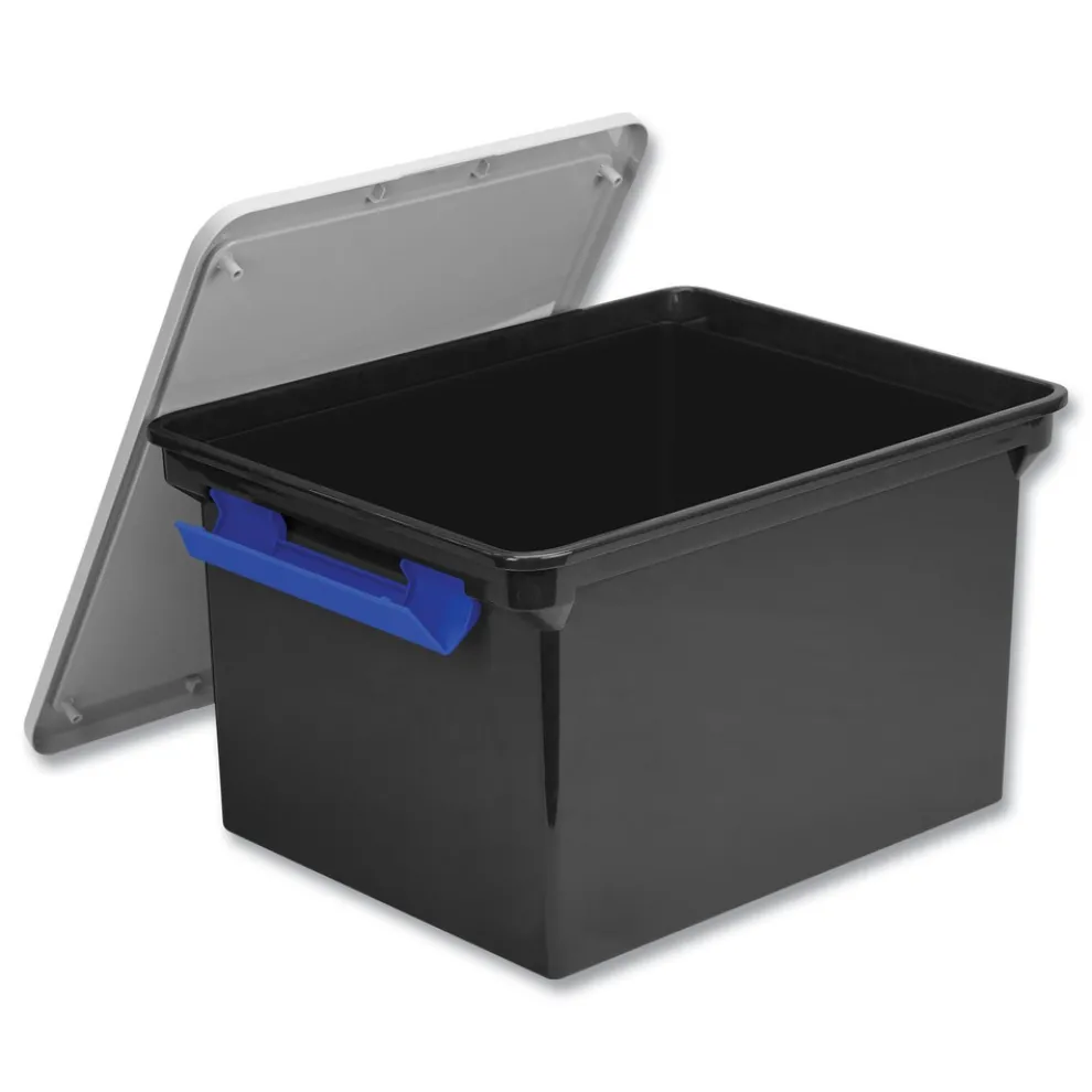 Storex 13.9 in. x 18.3 in. x 10.6 in. Legal/Letter Tote with Locking Handles - Black/Silver/Blue (4/Carton)