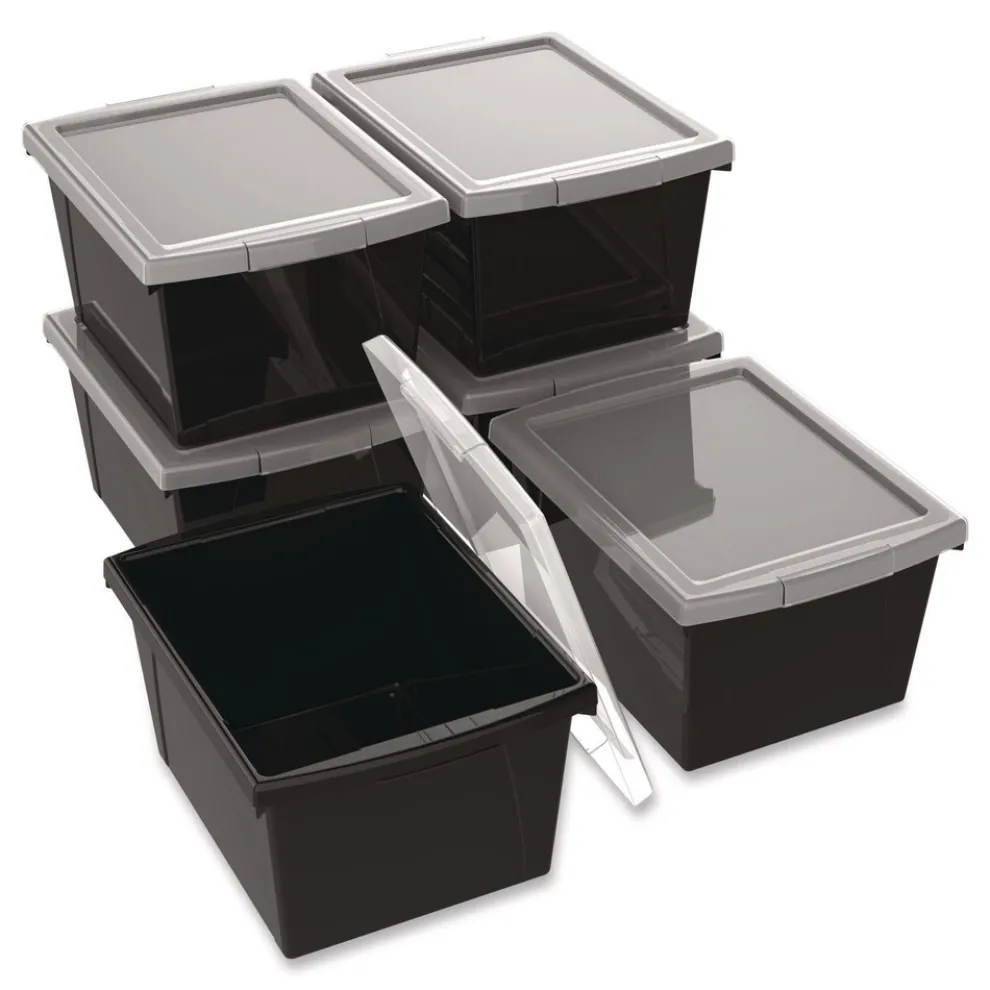 Storex Storage Bin with Lid, 4 gal, 11.25-in x 11.25-in x 7.87-in, Black, 6/Pack