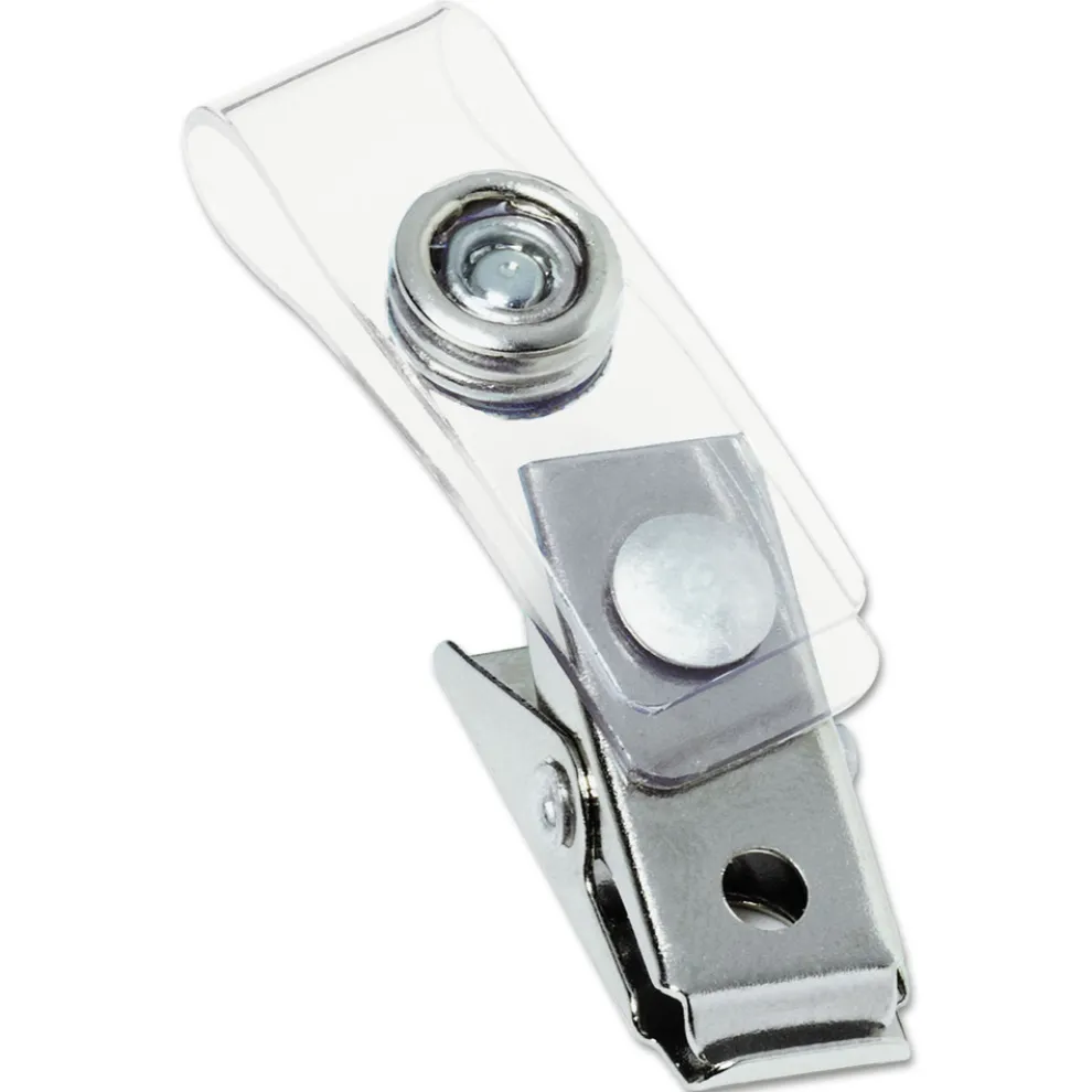 Swingline GBC 0.5 in. x 1.5 in. Badge Clips with Plastic Straps - Clear/Silver (100/Box)