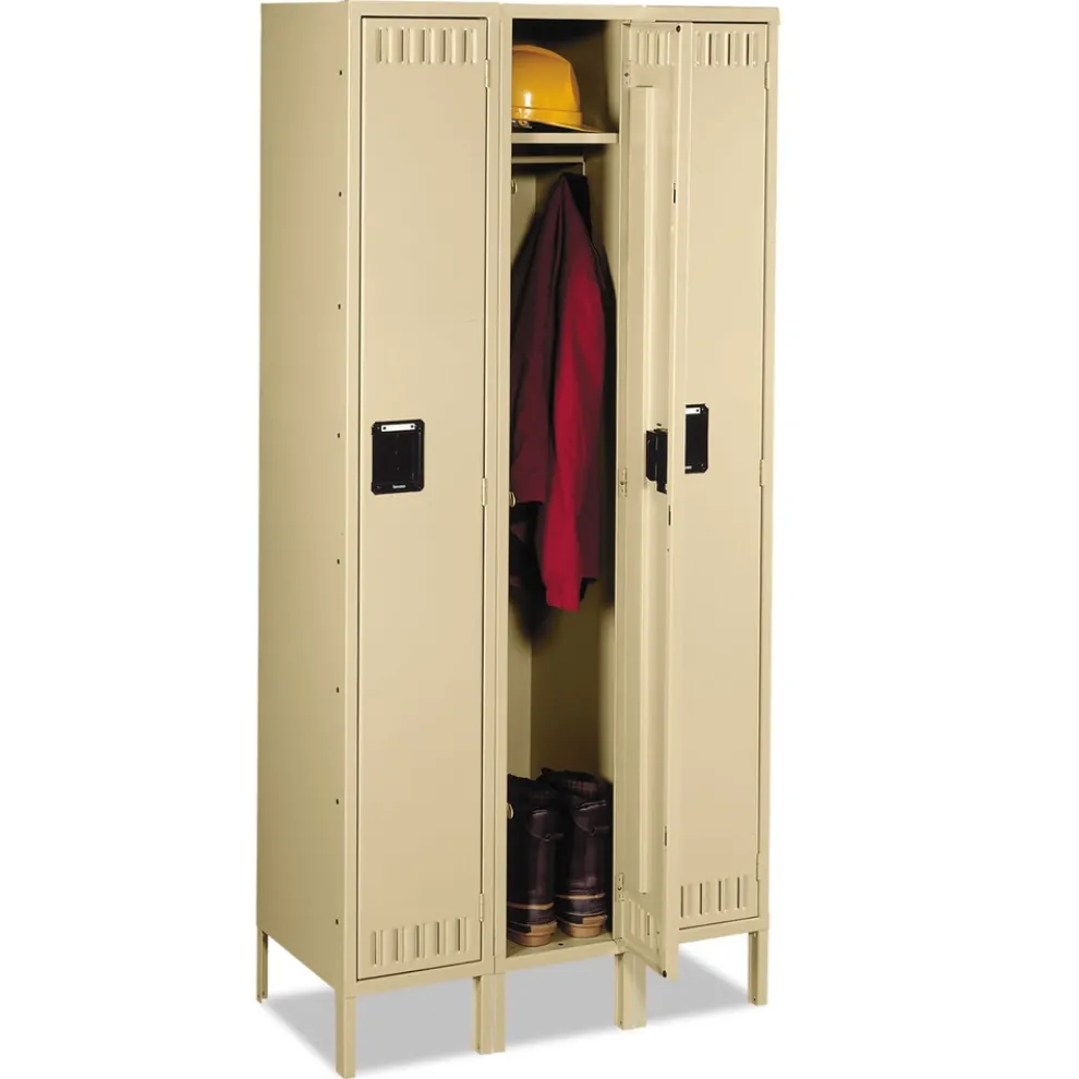 Tennsco Single-Tier Locker with Legs Three Lockers with Hat Shelves and Coat Rods 36w x 18d x 78h Sand