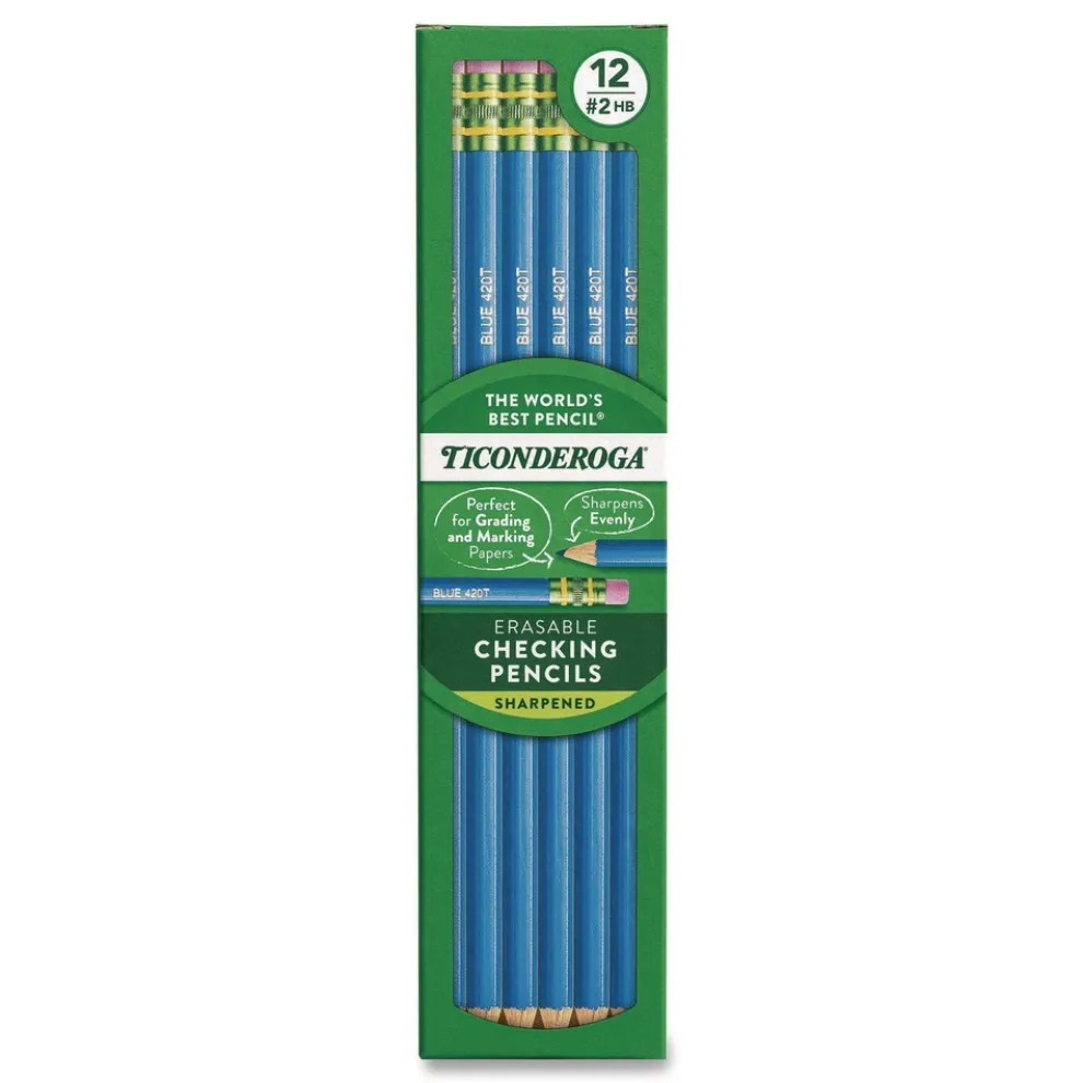 Ticonderoga 2.6 mm 2B (#2) Erasable Colored Pencils - Blue Lead/Blue Barrel (12/Pack)