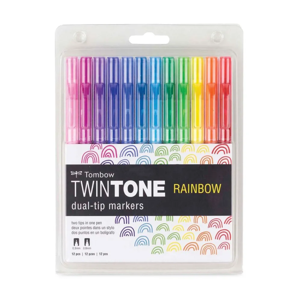 Tombow Extra-Fine/Broad Tips Twin Tone Dual-Tip Markers - Assorted Colors (12/Pack)