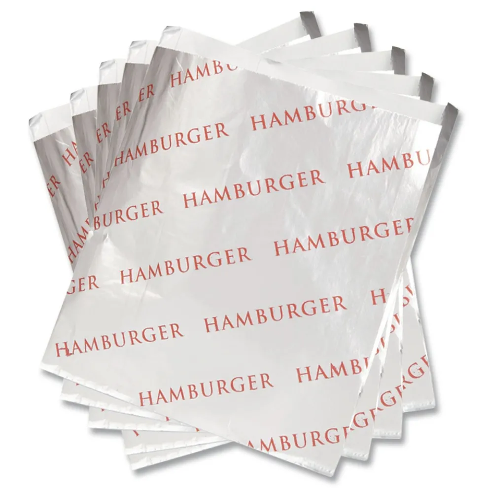 Bagcraft 300527 6 in. x 6.5 in. Foil Single-Serve Bags - Silver, Hamburger Design (1000/Carton)
