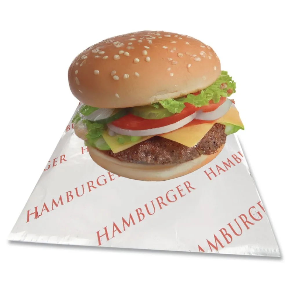 Bagcraft 300527 6 in. x 6.5 in. Foil Single-Serve Bags - Silver, Hamburger Design (1000/Carton)