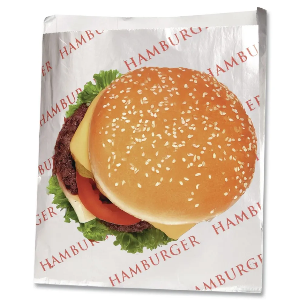 Bagcraft 300527 6 in. x 6.5 in. Foil Single-Serve Bags - Silver, Hamburger Design (1000/Carton)