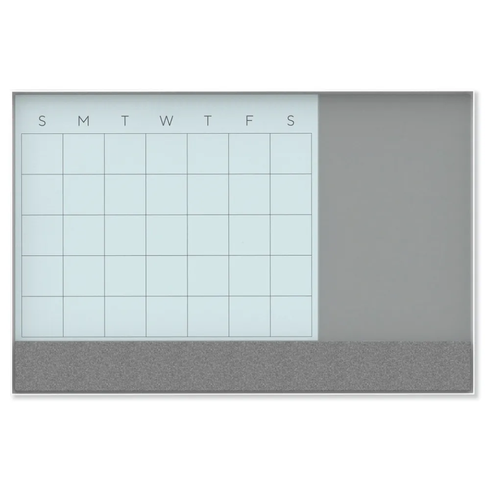 U Brands 23 in. x 17 in. Monthly View 3-N-1 Magnetic Glass Dry Erase Combo Board - White Aluminum