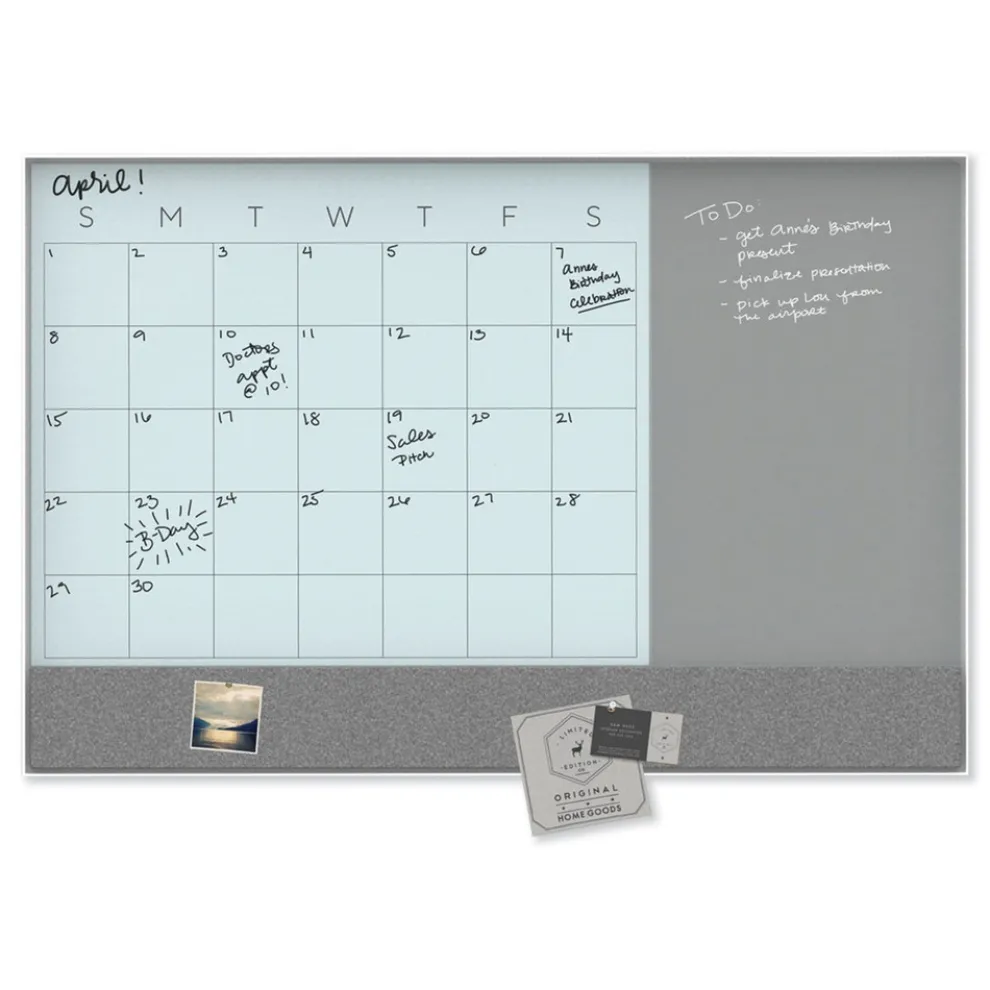 U Brands 23 in. x 17 in. Monthly View 3-N-1 Magnetic Glass Dry Erase Combo Board - White Aluminum