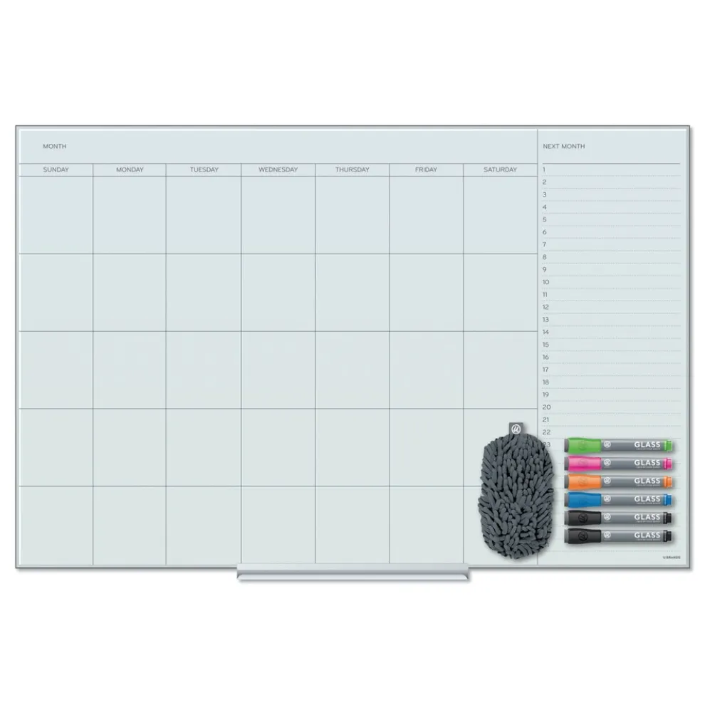 U Brands 35 x 23 Floating Glass Dry Erase Undated One Month Calendar - White