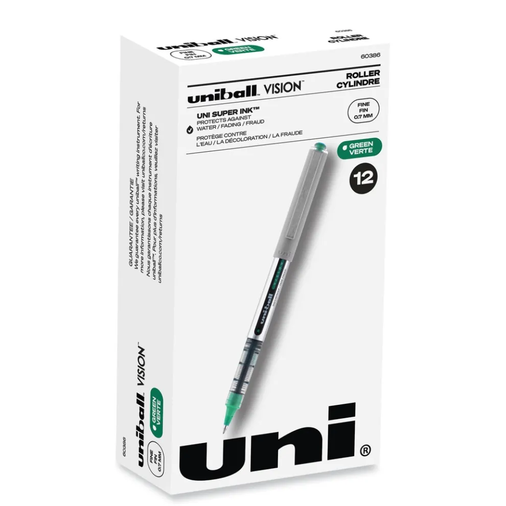 uni-ball Fine 0.7 mm VISION Stick Roller Ball Pen - Green Ink, Silver/Green/Clear Barrel (1-Dozen)