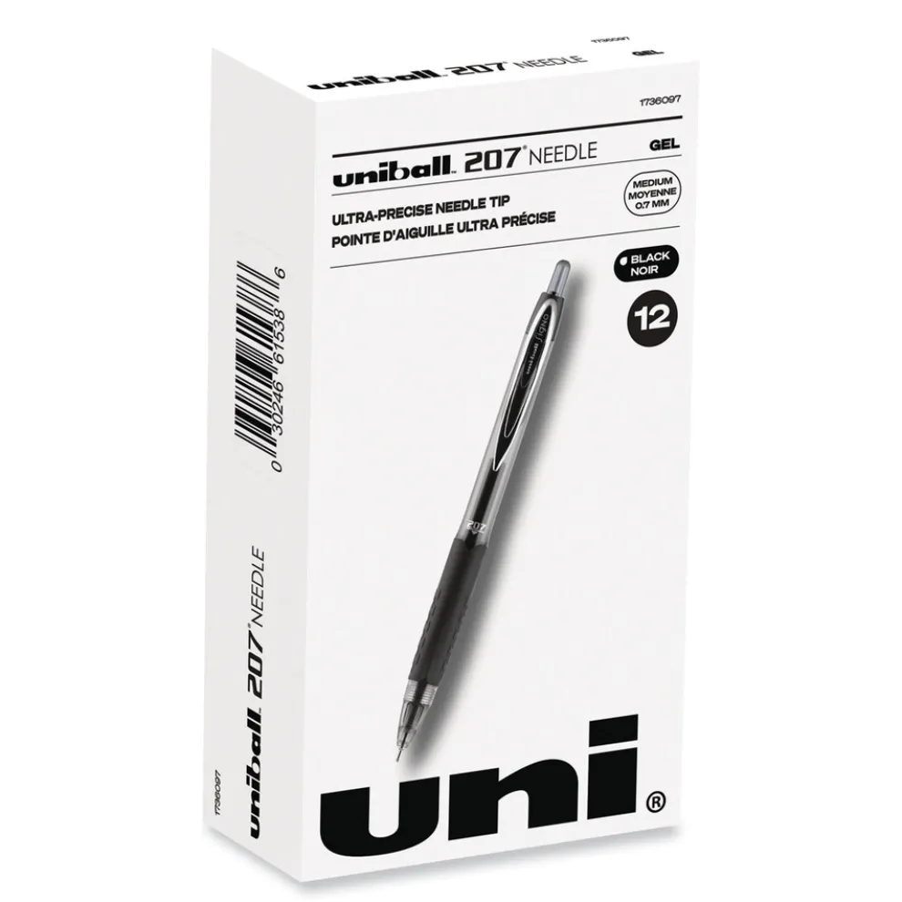 uni-ball Signo 207 Medium 0.7 millimeter Retractable Needle Point Gel Pen - Black Ink/Clear/Black Barrel (1-Dozen)