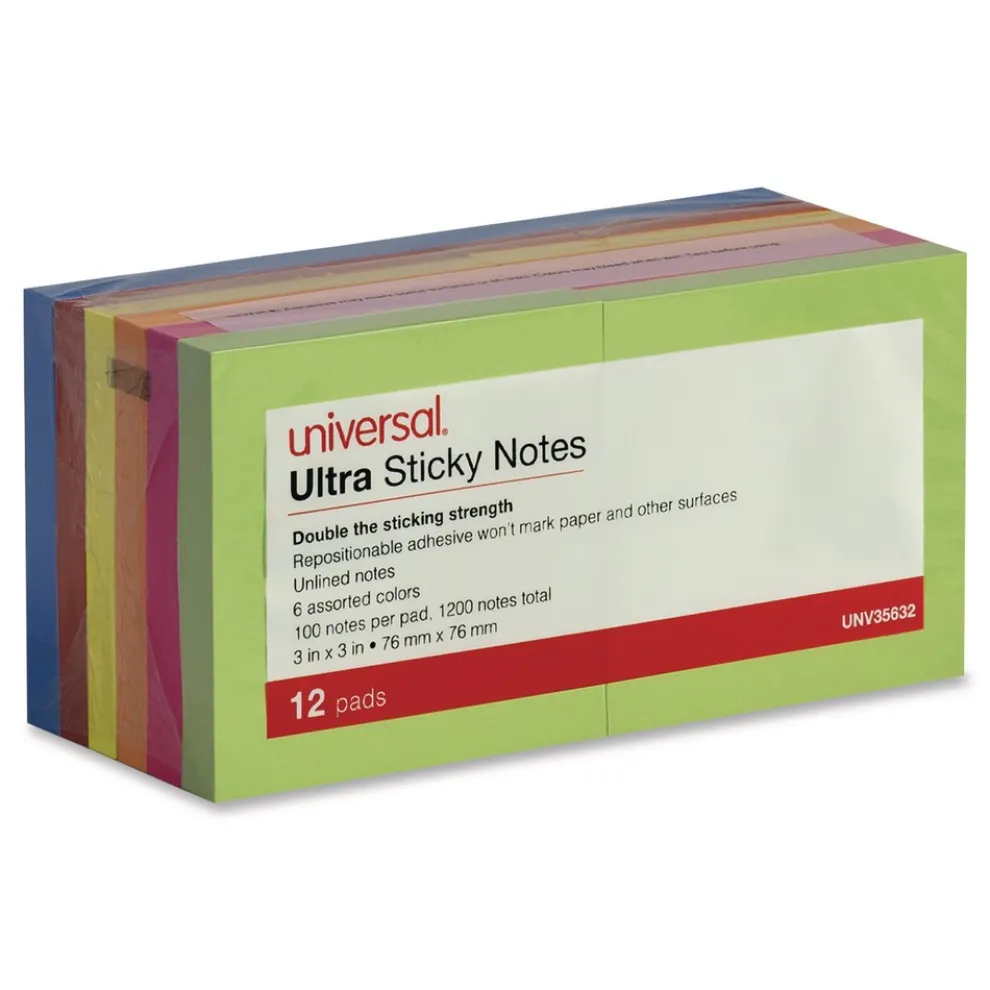 Universal 3 in. x 3 in. Ultra Sticky Note Pads - Assorted (12/Pack)