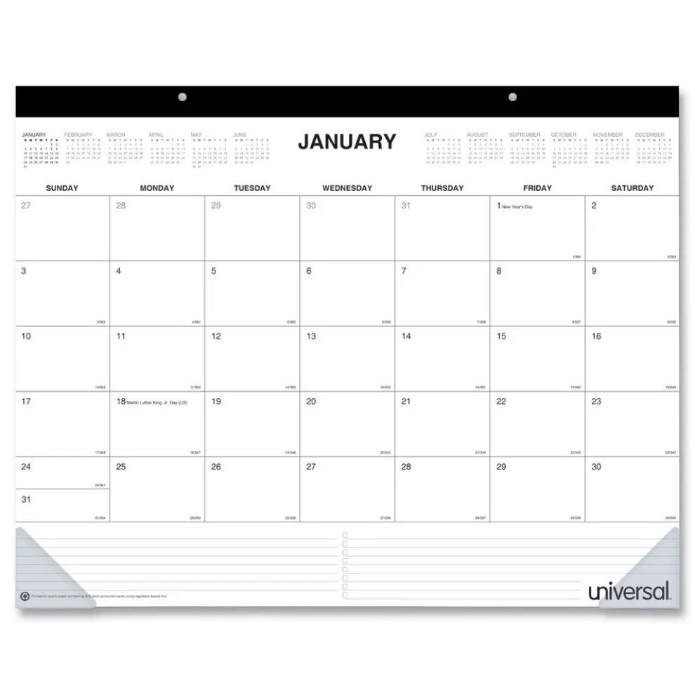 Universal 22 in. x 17 in. 12-Month (Jan-Dec 2026) Desk Pad Calendar - White Sheets/Black Binding/Clear Corners