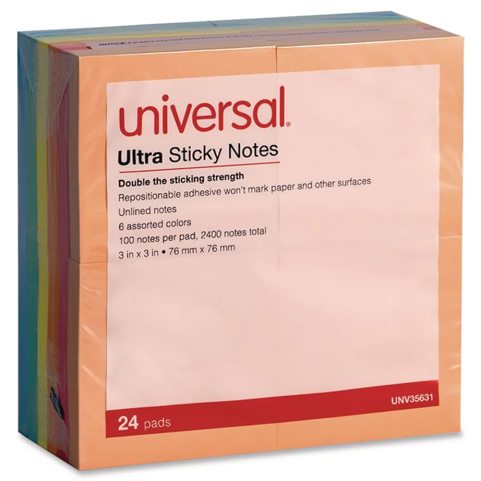 Universal Ultra Sticky Note Pads Note Ruled 4-in x 4-in Assorted Colors 100 Sheets/Pad 6 Pads/Pack