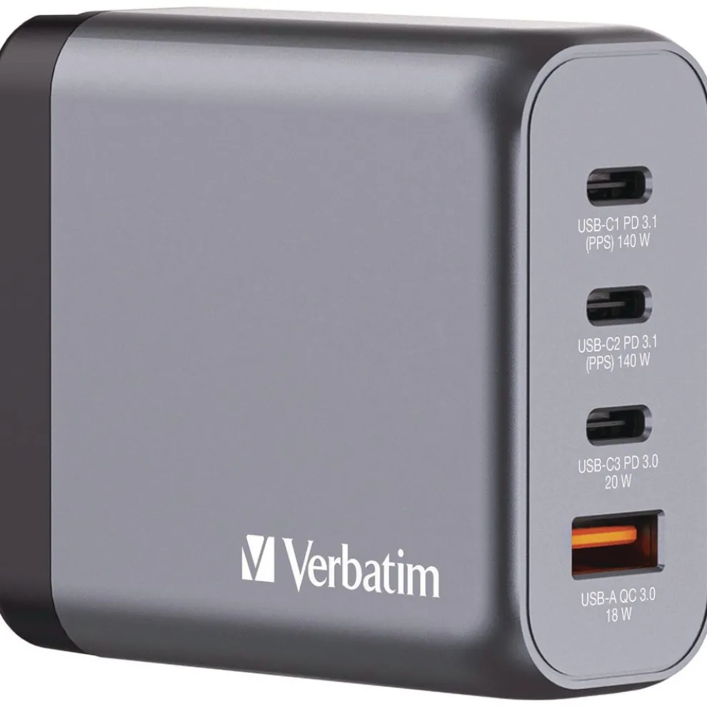 Verbatim 140 W 4-Port GaN Wall Charger - Black/Gray