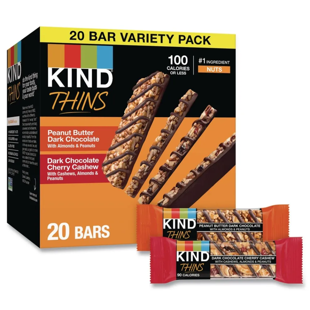 KIND 0.74 oz Thins Bar Variety Pack - Dark Chocolate Cherry Cashew/Peanut Butter Dark Chocolate (20/Box)