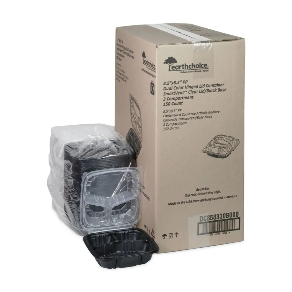 Pactiv Corp. 33 oz. 8-1/2 in. x 8-1/5 in. x 3 in. 3-Compartment EarthChoice Vented Dual Color Microwavable Hinged Lid Container - Black/Clear (150/Carton)