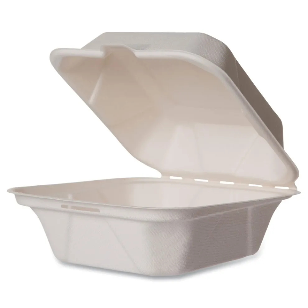 Vegware 5.9 in. x 5.9 in. x 2.9 in. Molded Fiber Compostable Sugarcane Clamshell Containers - White (400/Carton)