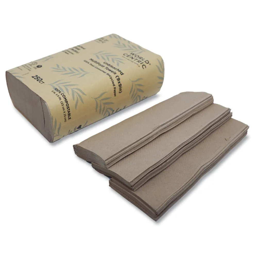 World Centric 9 in. x 9 in. 1-Ply 100% PCW Recycled Paper Towels - Natural (4000/Carton)