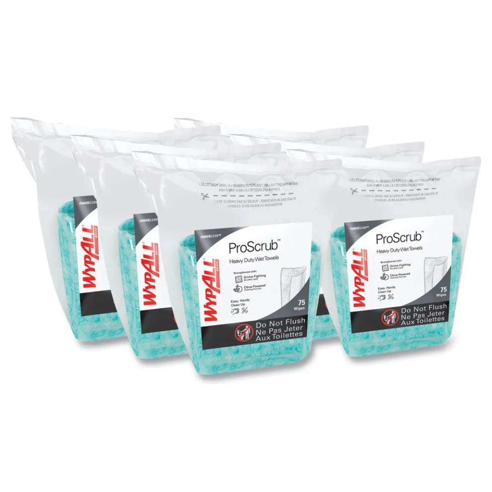 WypAll Power Clean ProScrub 12 in. x 9.5 in. Pre-Saturated Wipes - Citrus Scent, Green (75/Pack, 6 Packs/Carton)