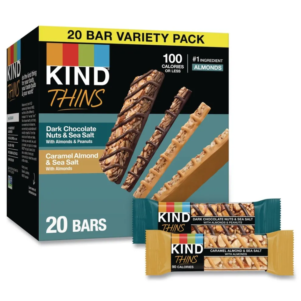 KIND 0.74 oz Thins Bar Variety Pack - Caramel Almond and Sea Salt/Dark Chocolate Nuts and Sea Salt (20/Box)