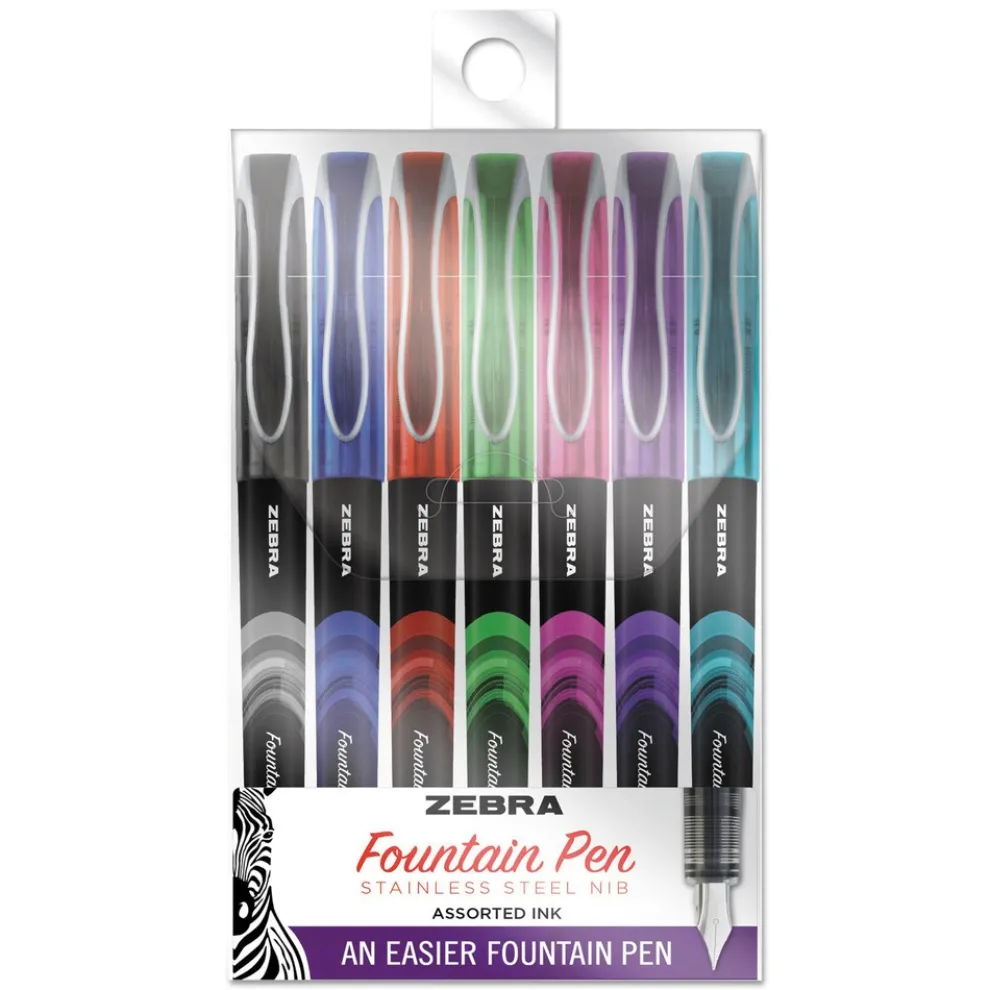 Zebra 0.6 mm Fine Fountain Pen - Assorted Ink and Barrel Colors (7/Pack)