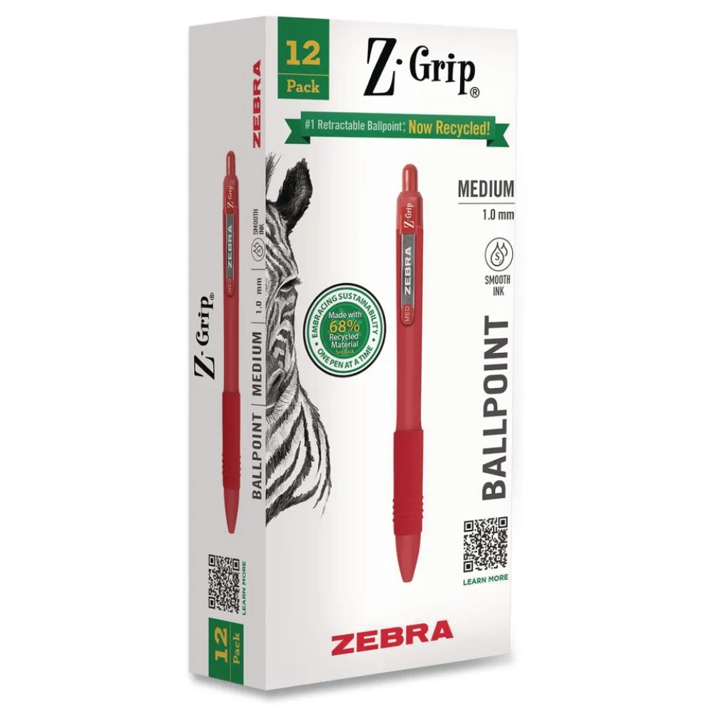 Zebra 20630 Z-Grip Medium 1 mm Recycled Retractable Ballpoint Pen - Red Ink/Red Barrel (1-Dozen)