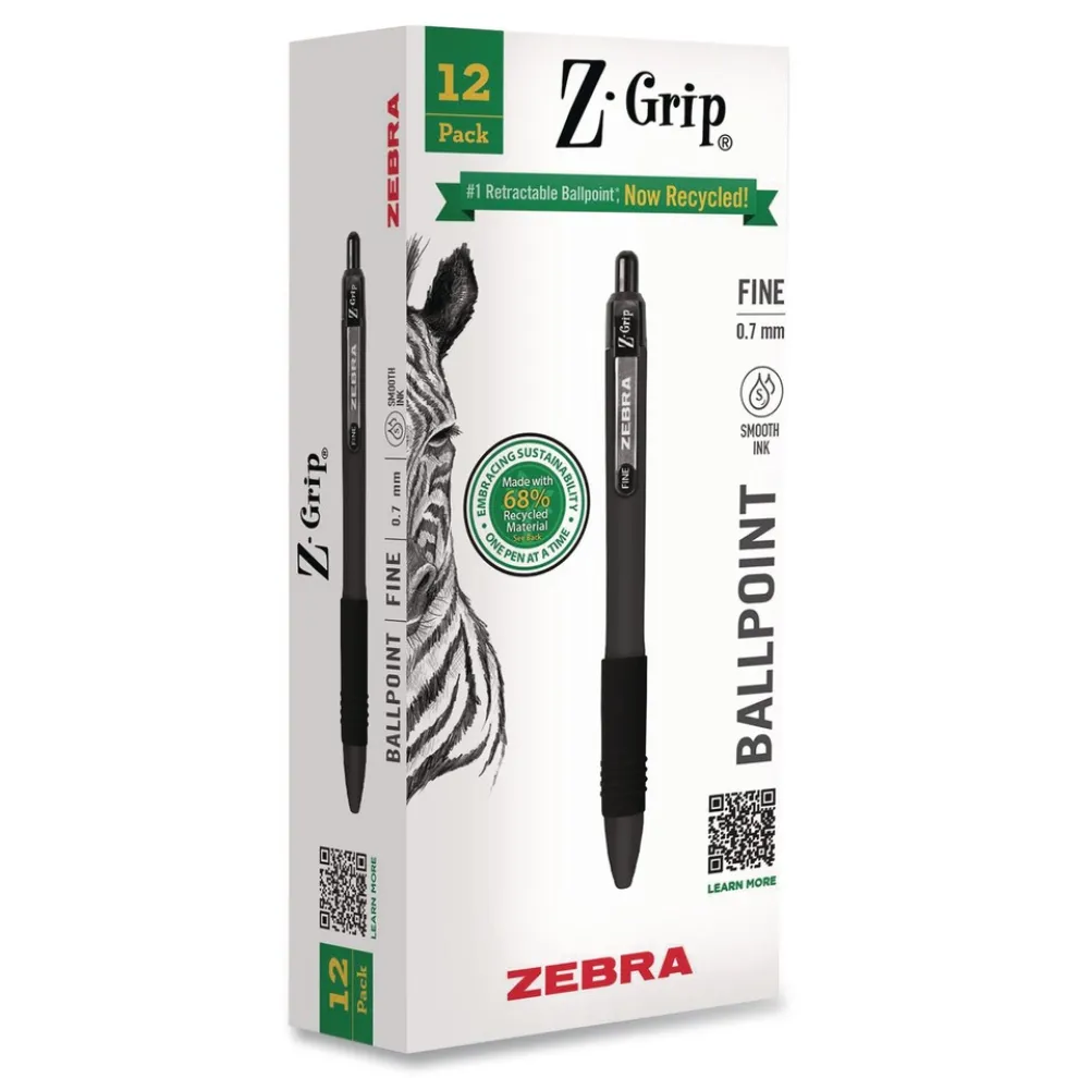 Zebra 20710 Z-Grip Medium 0.7 mm Recycled Retractable Ballpoint Pen - Black Ink/Black Barrel (1-Dozen)
