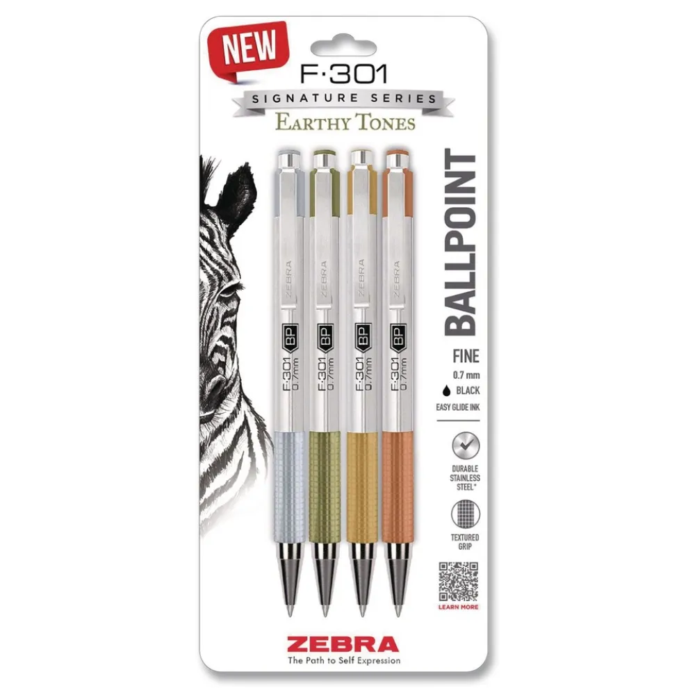 Zebra F-301 Signature Series Fine 0.7 mm. Retractable Ballpoint Pen - Black Ink/Assorted Earthy Tones Barrel (4/Pack)