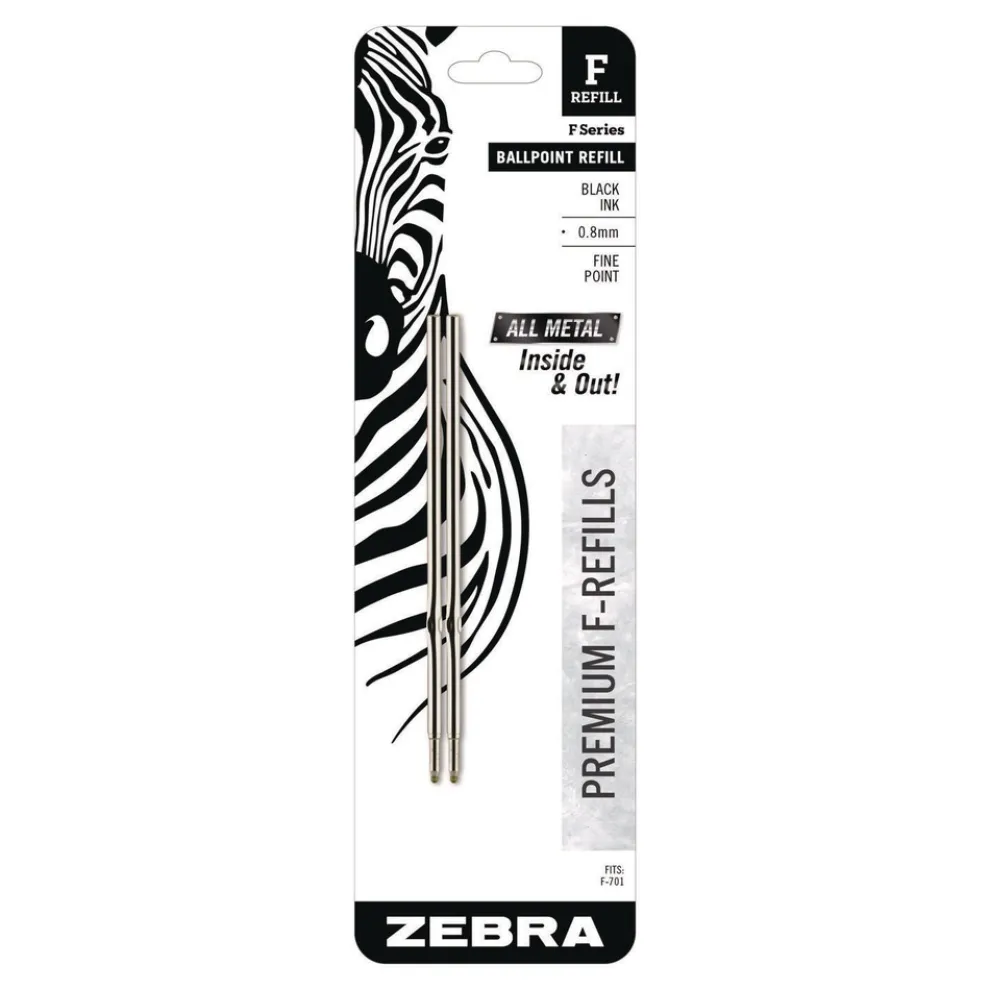 Zebra Fine 0.8 mm F-Series Conical Tip Ballpoint Stainless Steel Pen Refill - Black Ink (2/Pack)