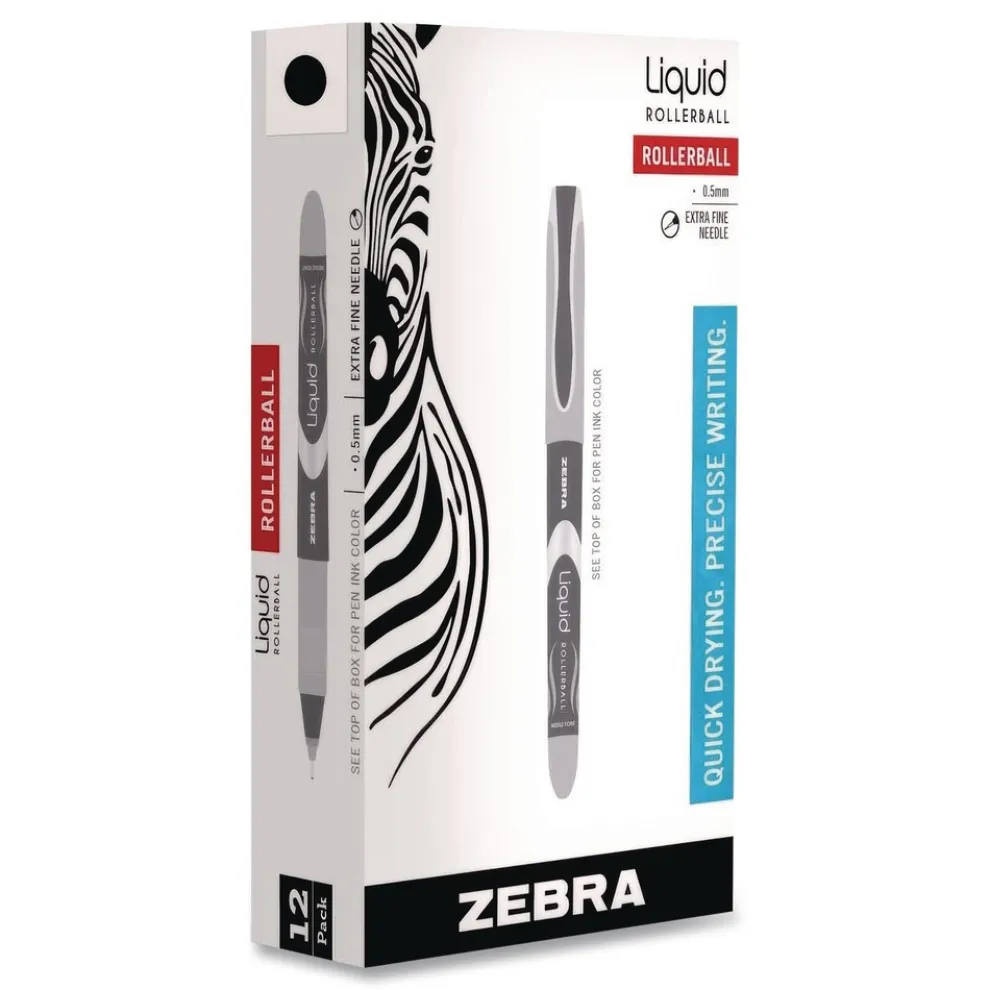 Zebra Liquid Ink Extra-Fine 0.5 millimeter Stick Rollerball Pen - Black Ink/Black/Silver Barrel (1-Dozen)