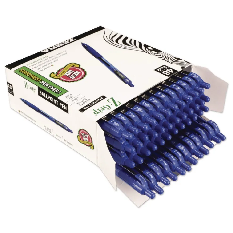 Zebra Z-Grip Ballpoint Pen, Retractable, Medium 1 mm, Blue Ink, Blue/Clear Barrel, 48/Pack
