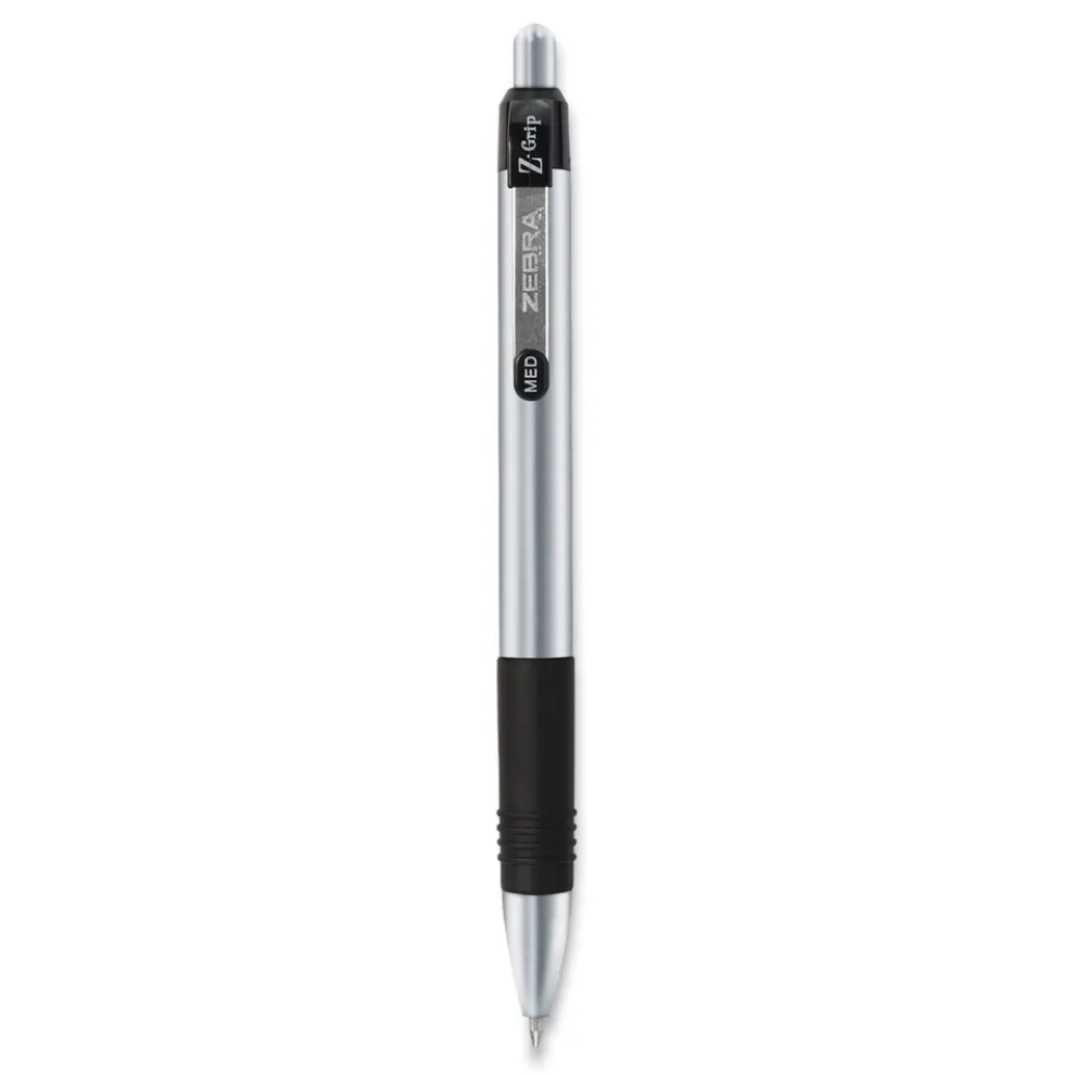 Zebra Z-Grip Medium 1 millimeter Retractable Metal Ballpoint Pen - Black Ink/Silver/Black Barrel (1-Dozen)